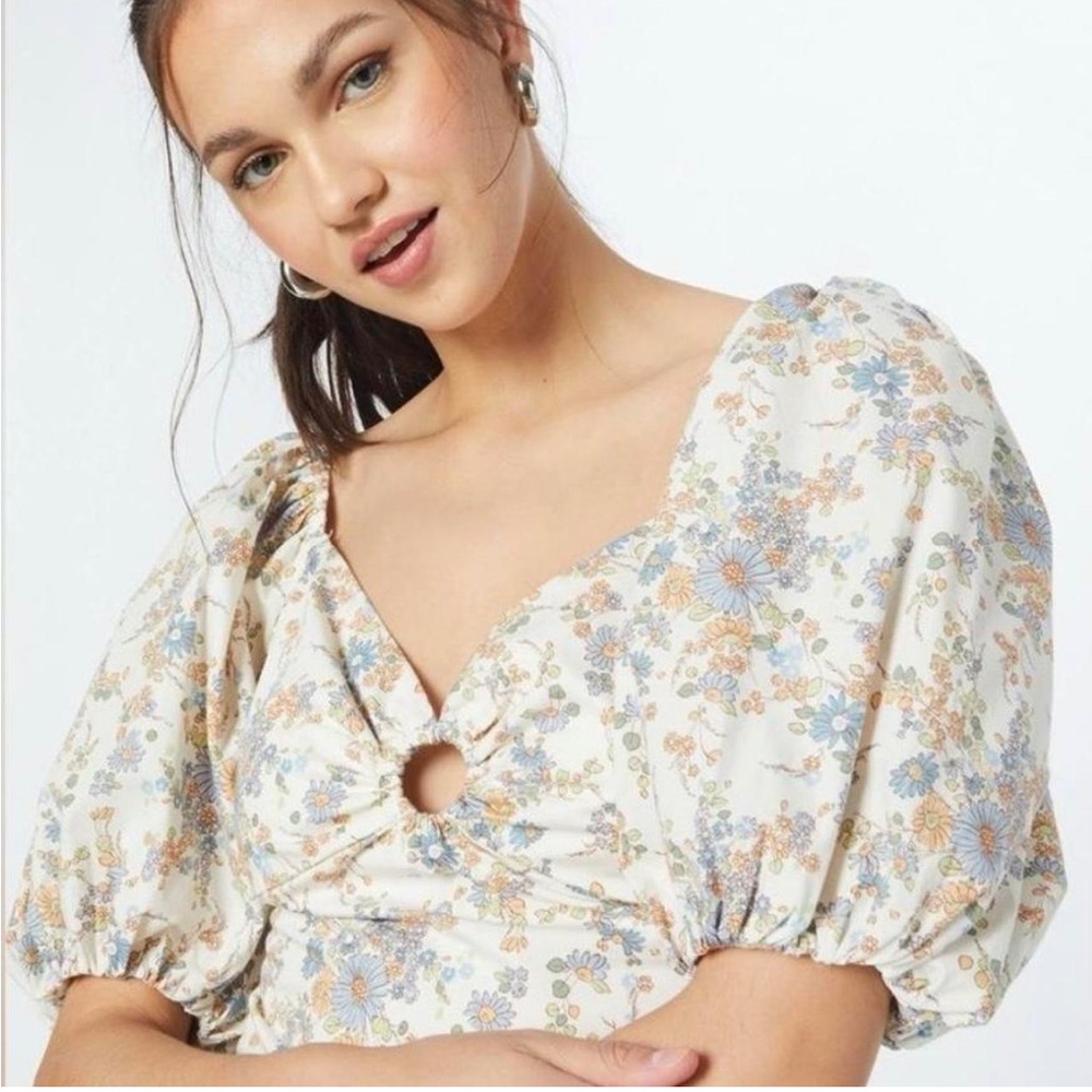 Puff Sleeve Smocked Back Floral Keyhole Top